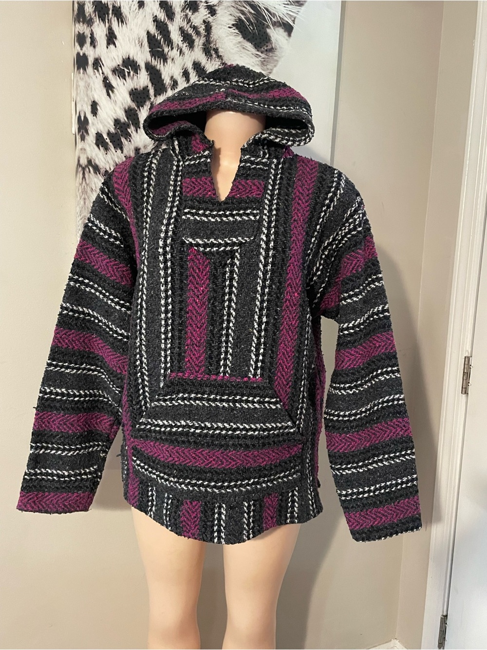 Baja Joe Mexican Jerga pullover sweater woven kanga hood kangaroo pouch top M